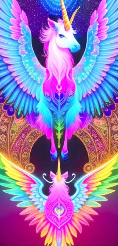 Vibrant neon unicorn with wings in fantasy design.