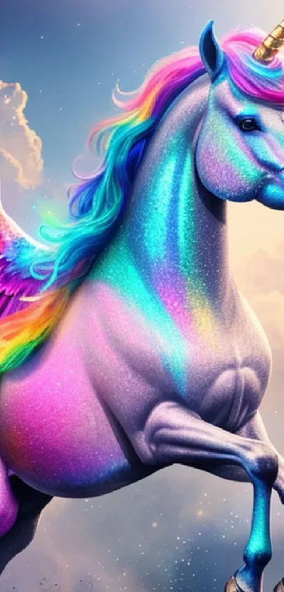 Vibrant unicorn with rainbow mane and iridescent wings in a fantasy scene.