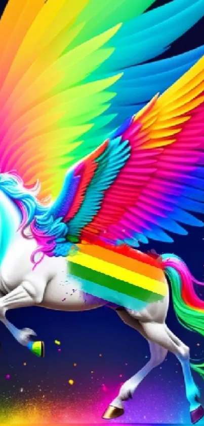 Vibrant unicorn with rainbow wings on a dark blue background.