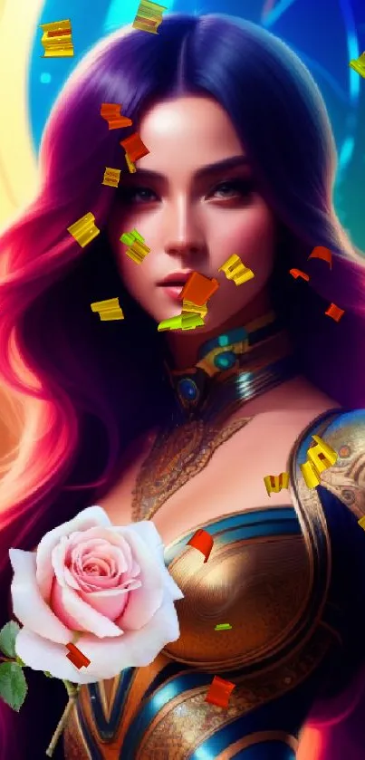 A vibrant fantasy warrior with colorful hair holding a rose.