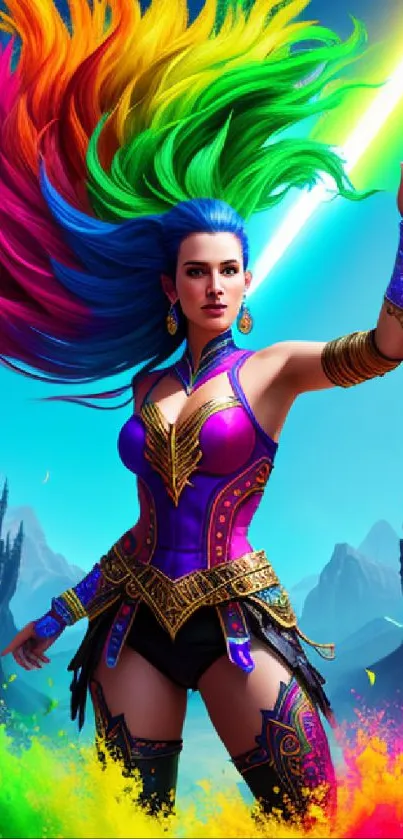 Fantasy warrior with rainbow hair and vibrant colors.