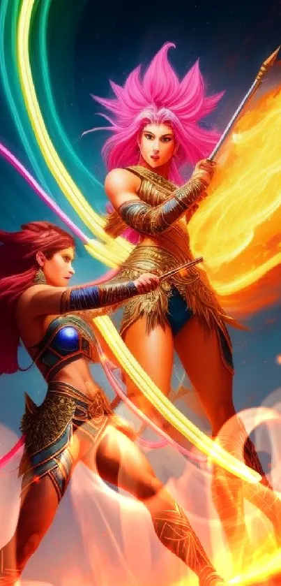 Vibrant fantasy warriors with colorful energy swords in dynamic action.