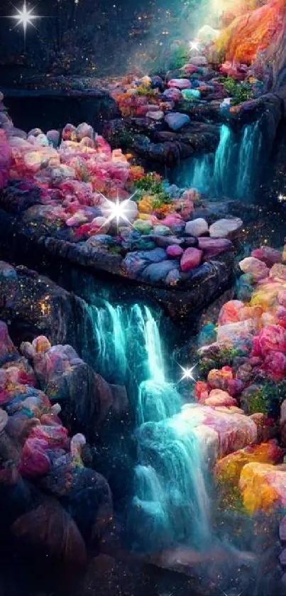 Vibrant fantasy waterfall with colorful stones and glow.