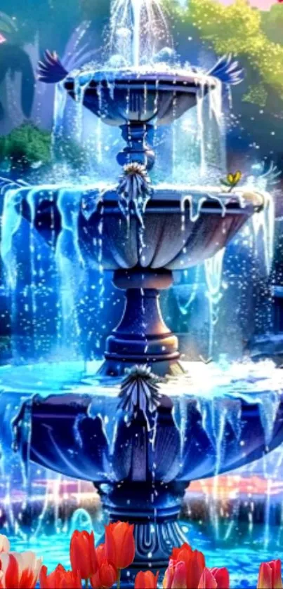 Fantasy fountain in a brightly colored, enchanted garden setting.