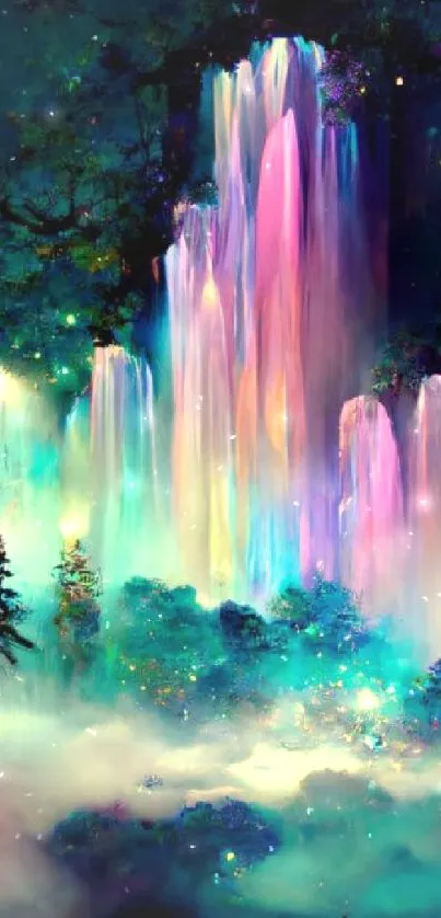 Vibrant fantasy waterfall with colorful lights and ethereal forest terrain.