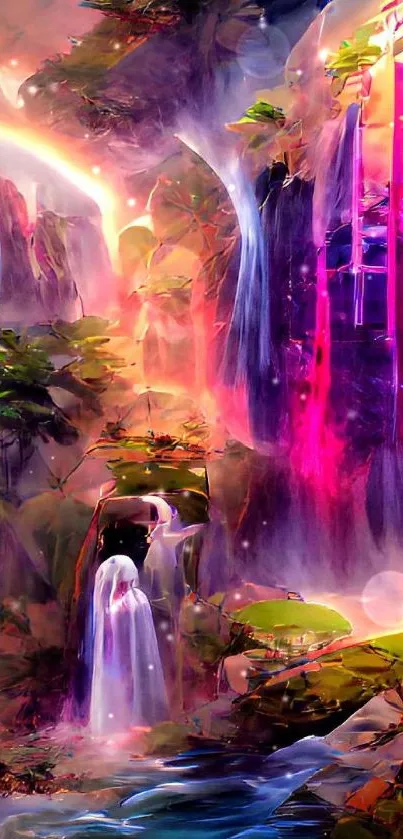 Vivid fantasy landscape with a colorful waterfall and lush greenery.