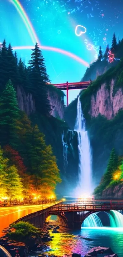 Colorful fantasy landscape with waterfall, trees, and rainbows at night.