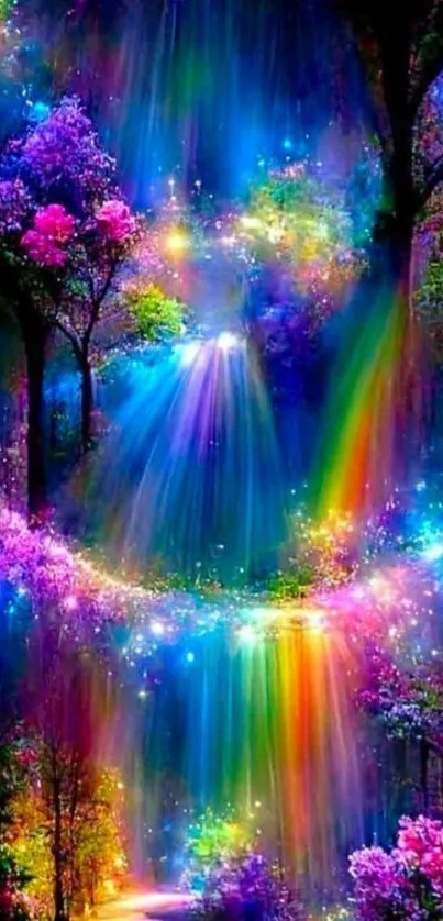 Vibrant fantasy scene with waterfall and rainbow colors.