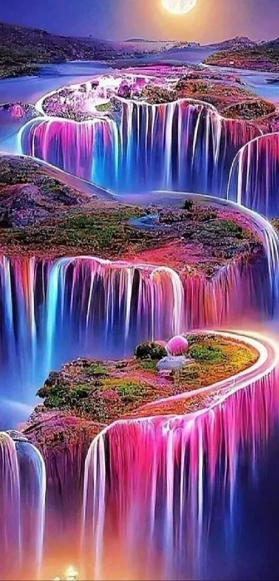 Vibrant, colorful waterfalls in a fantasy landscape under a full moon.