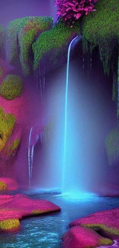 Vibrant fantasy waterfall with colorful foliage.