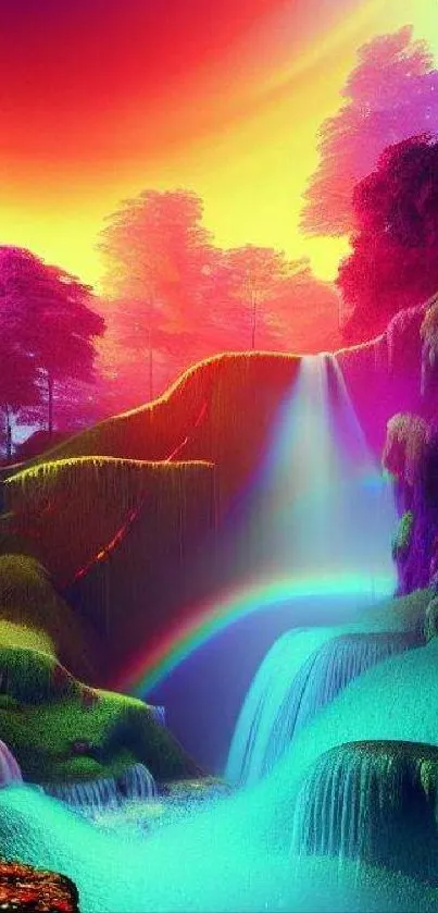 Vibrant fantasy waterfall with a colorful, surreal landscape as mobile wallpaper.