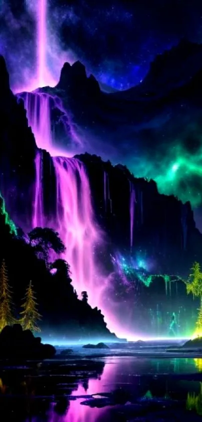 Fantasy waterfall with aurora and neon colors at night.