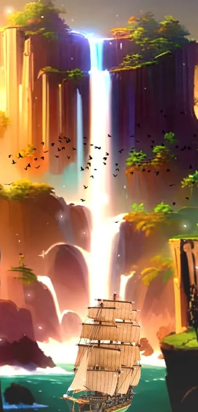 Vibrant fantasy waterfall scenery with lush greenery and colorful skies.
