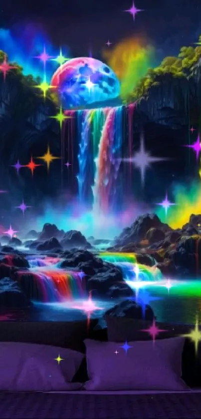 Vibrant fantasy waterfall under mystical moon.