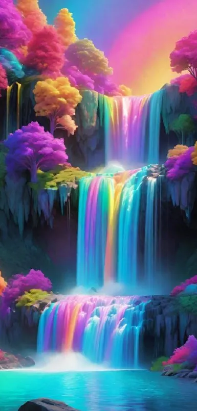 Vibrant fantasy waterfall with rainbow colors and colorful trees.