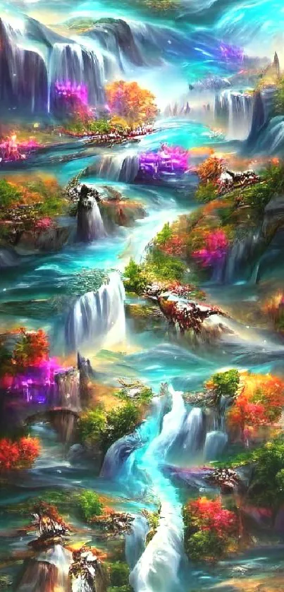 Vibrant fantasy landscape with cascading waterfalls and colorful foliage.