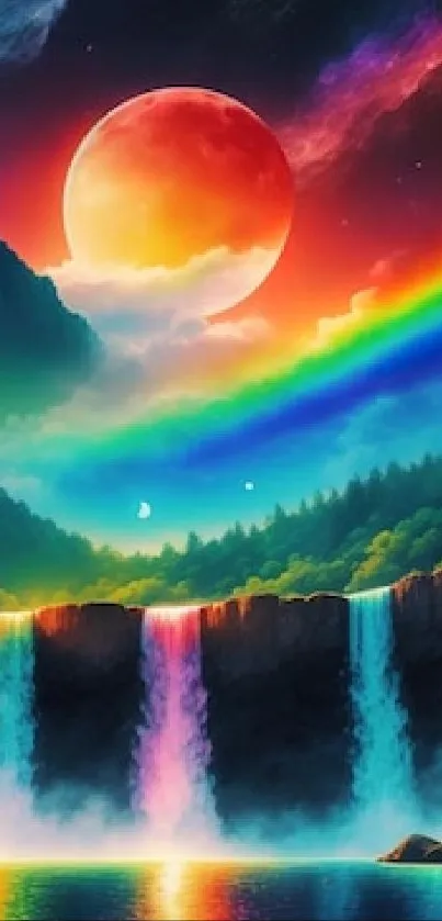 Fantasy landscape with colorful waterfall and rainbow under a moonlit sky.