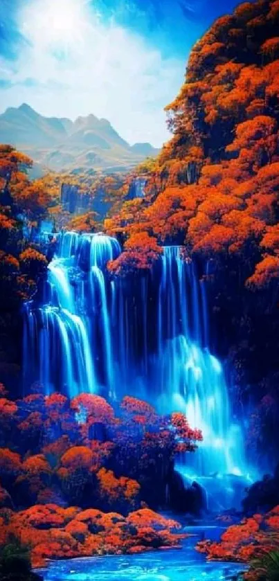 Vibrant blue waterfall with orange foliage under a bright sky.