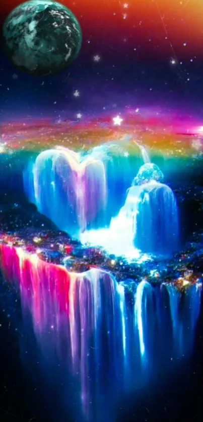 Fantasy waterfall with vibrant colors under a cosmic sky, heart shape and glowing hues.