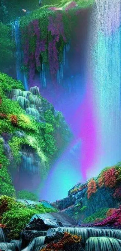 Vibrant fantasy waterfall with lush greenery for mobile wallpaper.