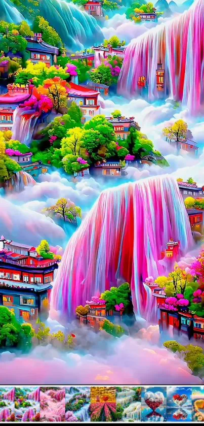 Vibrant fantasy landscape with waterfalls and colorful flora.