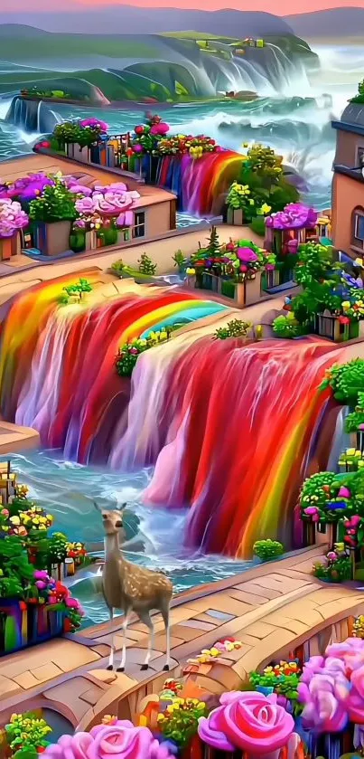 Whimsical fantasy wallpaper with rainbow waterfalls and colorful gardens.