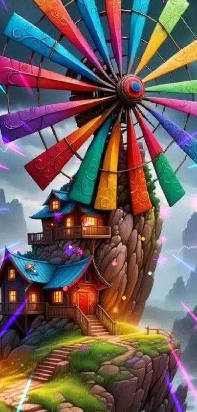 Vibrant fantasy windmill with multicolored blades above a mountain house.