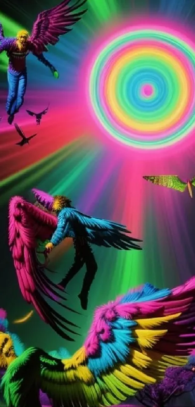 Colorful winged creatures beneath a vibrant neon sun in a fantasy setting.