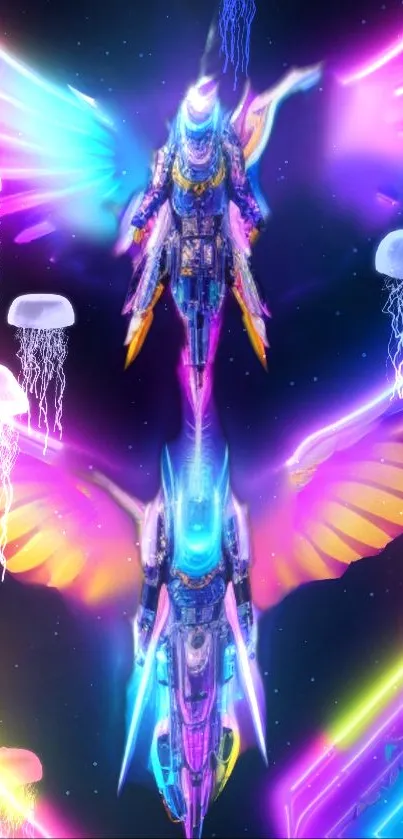 Futuristic figures with vibrant wings in a colorful, cosmic setting with jellyfish.