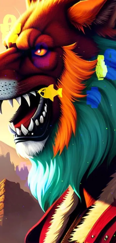 Vibrant fantasy wolf wallpaper with colorful mane.