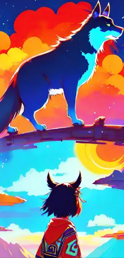 Vivid fantasy wallpaper featuring a wolf and a colorful surreal sunset.