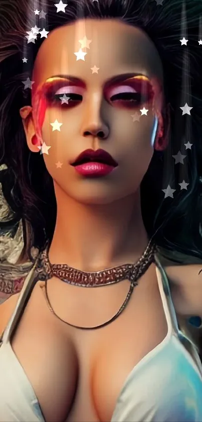 Artistic fantasy woman with tattoos and bold makeup as mobile wallpaper.