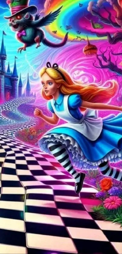 Alice running through a surreal fantasy world with vibrant colors and whimsical elements.