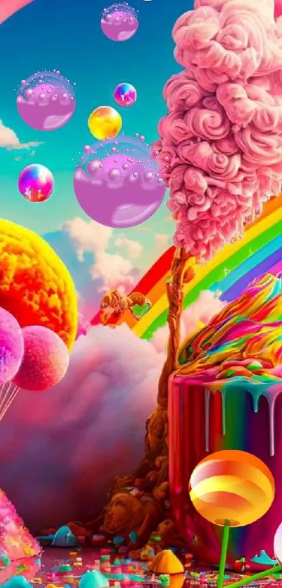 Vibrant fantasy landscape with candy trees and rainbow.