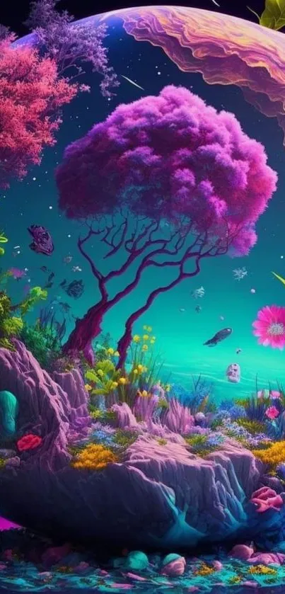 Vibrant fantasy world with neon trees and surreal elements.