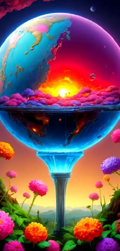 Vibrant fantasy world with glowing planet and colorful flowers on mobile wallpaper.