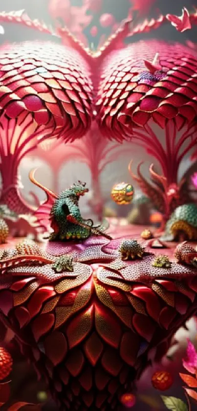 Colorful fantasy world with mystical creatures and vibrant plants.