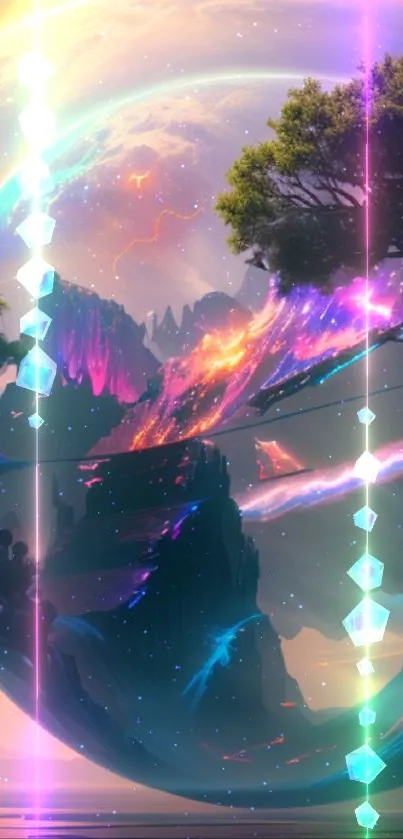 Vibrant fantasy landscape with swirling colors.
