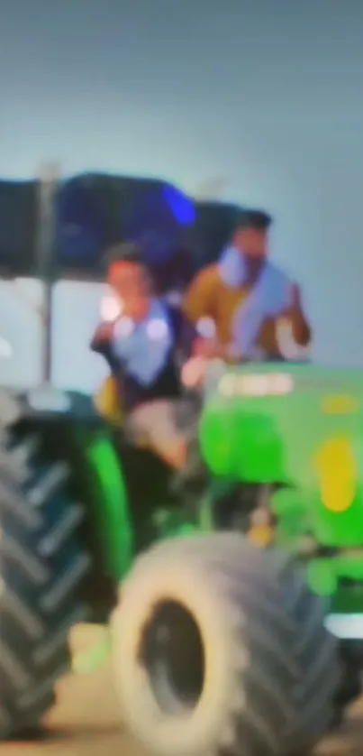 Vibrant scene of people riding a tractor in a rural setting.