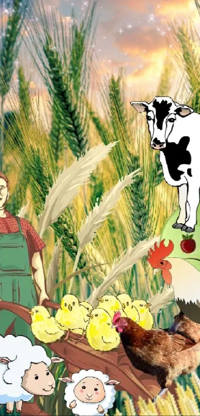 Mobile wallpaper with farm animals and green wheat fields.