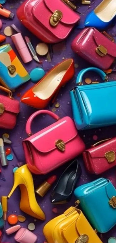 Vibrant display of colorful handbags and shoes on a purple background.