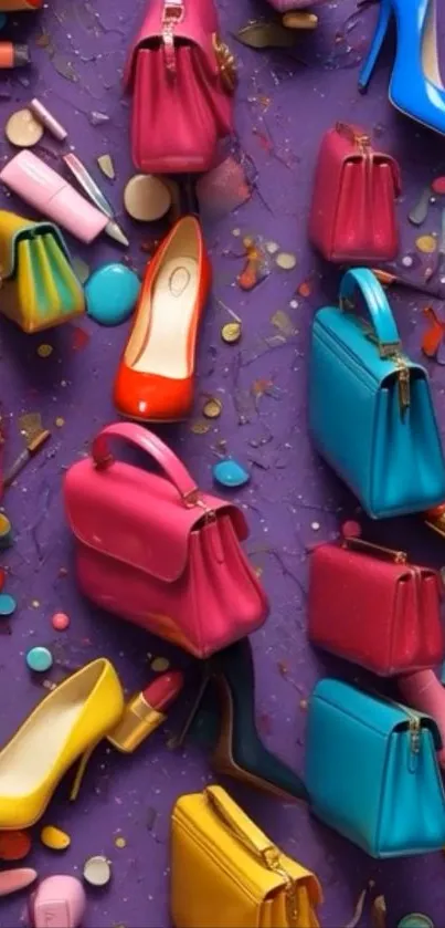 Colorful arrangement of fashion accessories on a purple background.