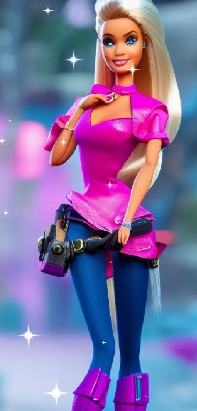 Vibrant doll in pink and blue outfit featured in colorful wallpaper.