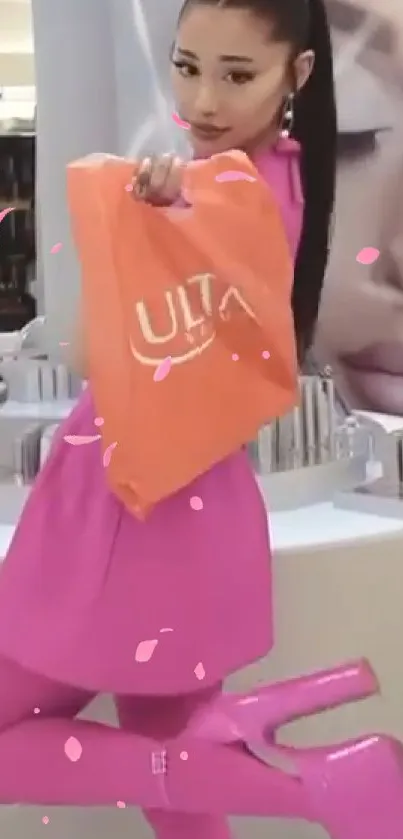 Stylish young woman shopping in pink attire with orange bag.