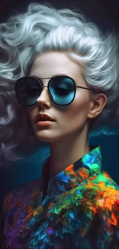 Stylish woman with vibrant fashion and oversized sunglasses.