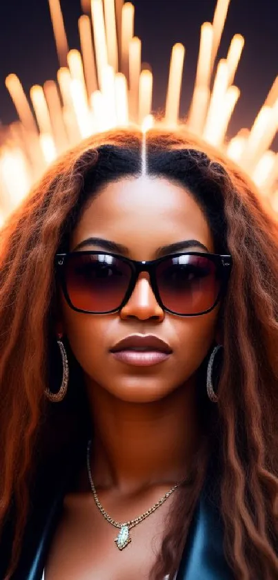 A stylish woman with sunglasses in front of vibrant, glowing lights.