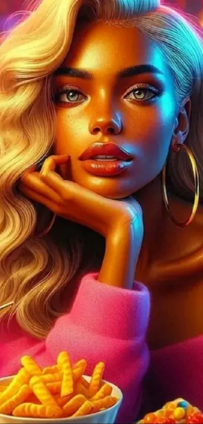 Portrait of a stylish woman with blonde hair and vibrant colors.