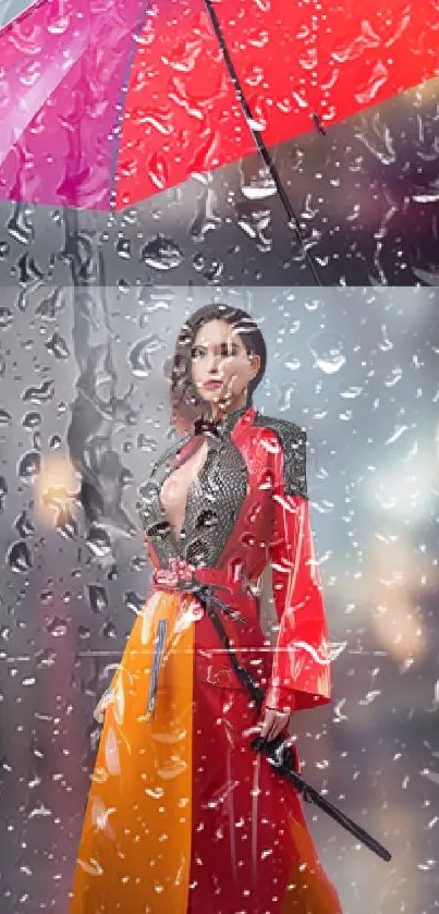 Vibrant fashion with red umbrella and stylish figure.