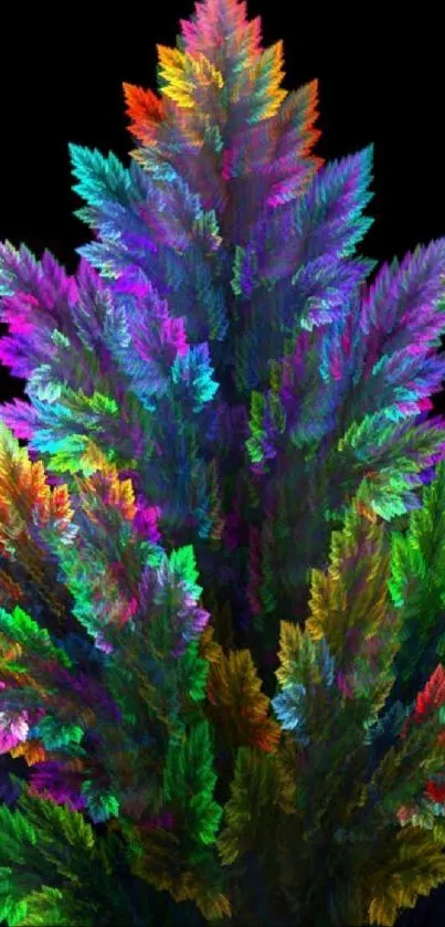 Vibrant feather-like abstract art on a dark background.