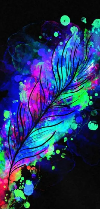 Vibrant feather in neon colors on black background.